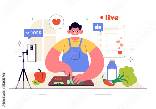 Cooking Blog Vector Illustration Featuring Young People Recording a Cooking Vlog and Preparing Food at Home in a Flat Style Cartoon Background
