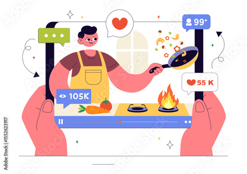 Cooking Blog Vector Illustration Featuring Young People Recording a Cooking Vlog and Preparing Food at Home in a Flat Style Cartoon Background