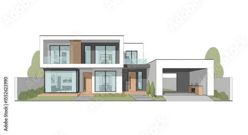 Modern two-story house with a carport, featuring clean lines, large windows, and a minimalist design.