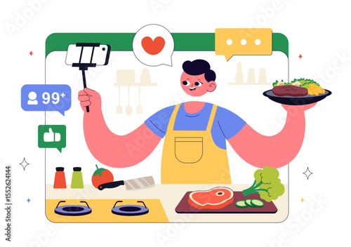Cooking Blog Vector Illustration Featuring Young People Recording a Cooking Vlog and Preparing Food at Home in a Flat Style Cartoon Background