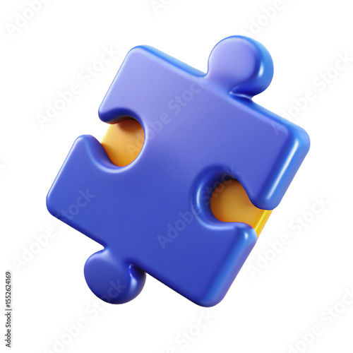 Single blue puzzle piece with yellow insert isolated on transparent background