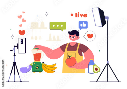 Cooking Blog Vector Illustration Featuring Young People Recording a Cooking Vlog and Preparing Food at Home in a Flat Style Cartoon Background
