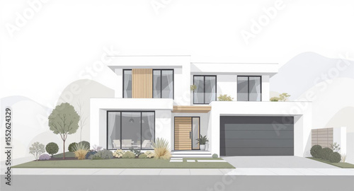Modern two-story house rendered with landscaping and a garage.