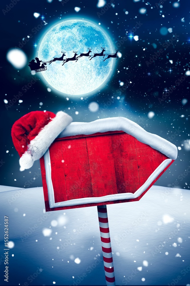 Fototapeta premium Flat design scene is showing red sign wearing Santa hat under moonlit sleigh silhouette, copy space