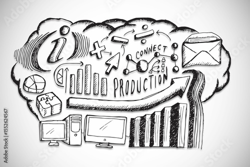 Hand-drawn sketch is illustrating cloud filled with tech icons plus upward arrow and bar charts