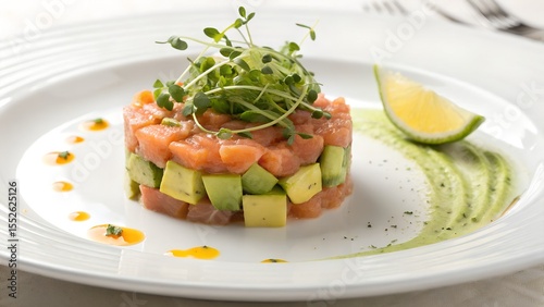 Fresh Salmon Tartare with Avocado Cubes and Microgreens – Elegant Starter Dish