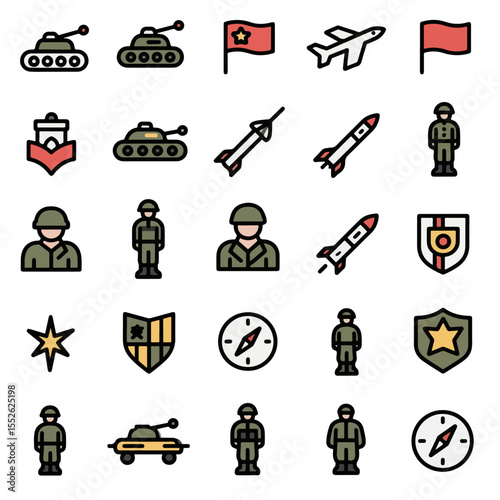 Military icon set vector with tanks, soldiers, missiles, planes, and flags, suitable for tactical strategy apps or modern defense presentation visuals.