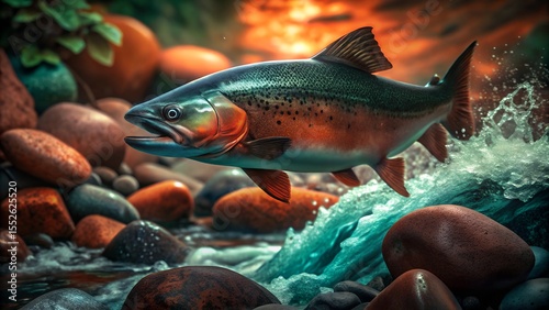 Wild Salmon Jumping Upstream in Rocky River – Nature Action Wildlife Scene