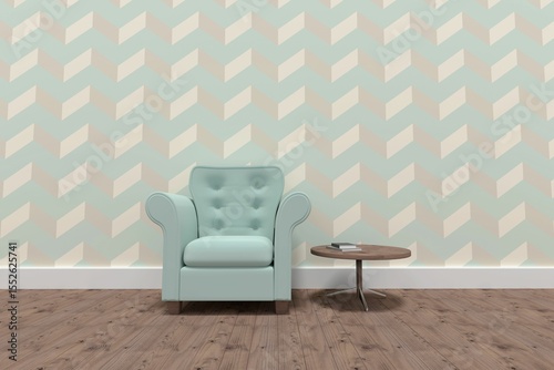 Empty armchair and wooden table on hardwood floor against wall