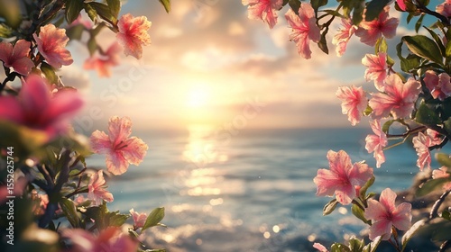 Beautiful flowers framing a seaside background.