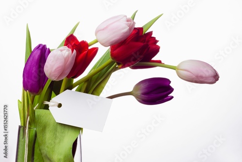 Fototapeta Naklejka Na Ścianę i Meble -  Tulip bouquet is being shown in flat design with glass vase and blank tag, copy space