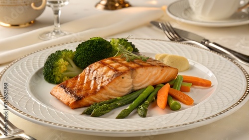 Grilled Salmon Steak with Steamed Vegetables on Plate – High-End Restaurant Plating