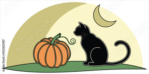  Silhouette of black cat next to a pumpkin in halloween night