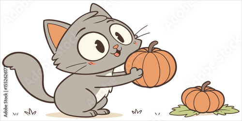 Cute kitten holding a pumpkin for halloween season