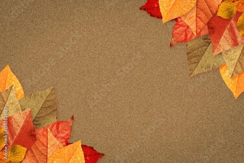 Fototapeta Naklejka Na Ścianę i Meble -  Flat design clustering maple-oak leaves layering on corklike brown background, forming fall motif