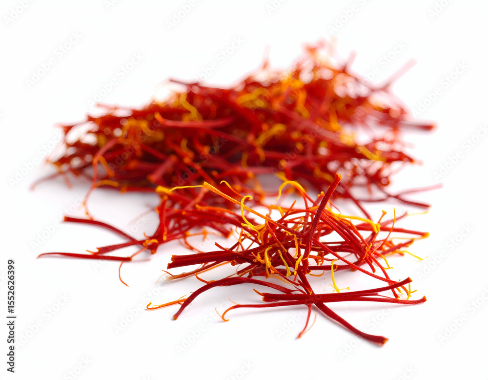 Fototapeta premium Saffron Threads Delicate Scarlet Strands on White Background