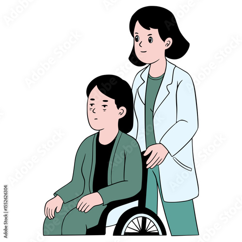 Doctor and patient Cartoon Illustration, the doctor is pushing a patient in a wheelchair