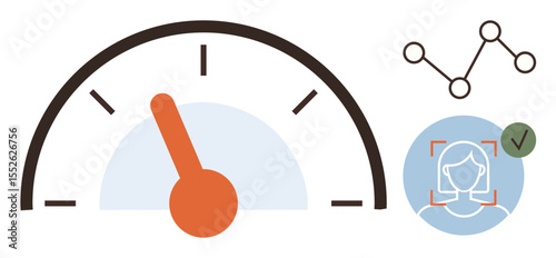 Speedometer gauge at mid-level, data graph with nodes, validated facial recognition. Ideal for performance assessment, verification, data analytics, technology, efficiency, biometrics and accuracy