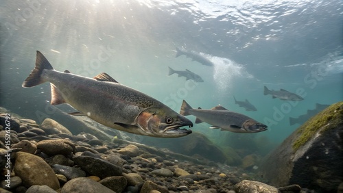 wild salmon, river fish, upstream, nature photography, fish swimming, salmon run, wildlife shot, freshwater fish, stream life, aquatic animals, salmon habitat, outdoors, rocky river, environmental pho