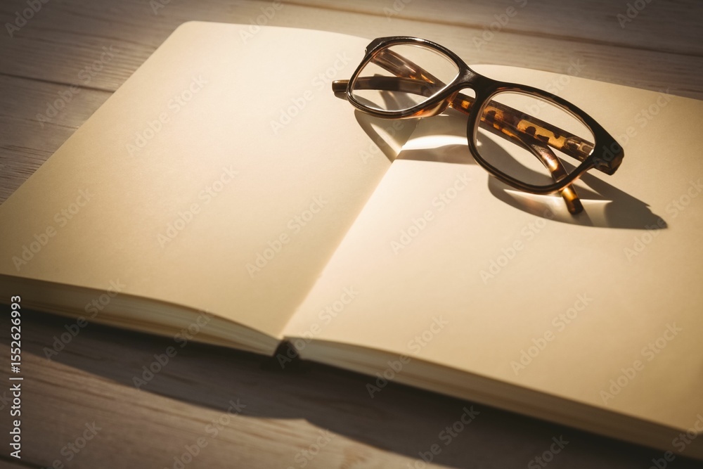 Naklejka premium Eyeglasses on book at wooden desk