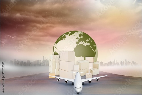 Illustration of airplane against boxes and globe