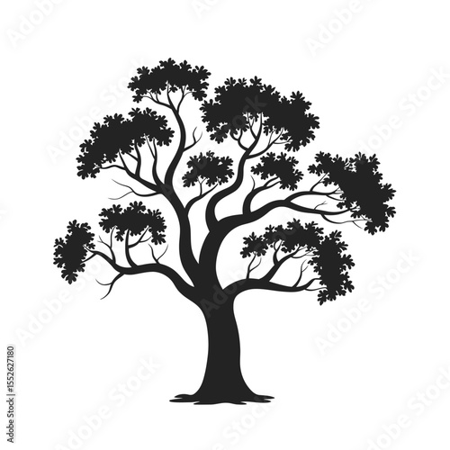 Silhouette of a tree with dense foliage against a white background