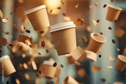 Dramatic fall of paper coffee containers, symbolic of unsustainable consumption