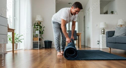 Man rolling up yoga mat in a home interior scene with warm lighting