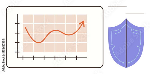 Rising line graph inside a grid and protective blue shield. Ideal for growth, protection, business strategy, success, data security, progress, financial stability. Simple flat metaphor