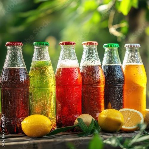 Assortment of Colorful Glass Bottles Filled with Soda, Lemons and Oranges on Wooden Surface