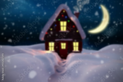 Flat illustration cabin is glowing through yellow windows under starry night sky with string lights