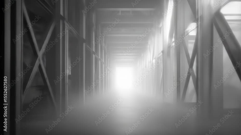 Misty grey hall with light at the end showing structural beams (AI Video)