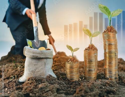 A businessman in a suit digs in fertile soil next to bags of money and stacks of coins with sprouting plants growing out of them, overlaid with a rising bar graph, symbolizing investment growth.
