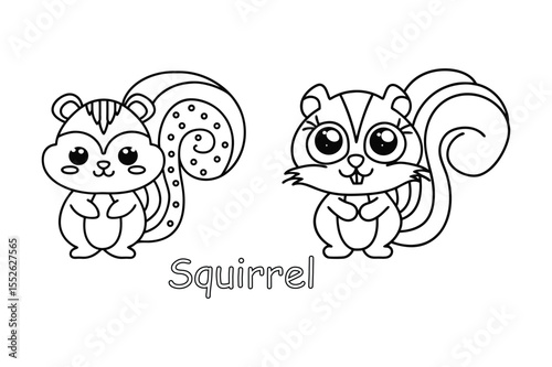 Cute Squirrel Coloring Page for Kids Printable Animal Fun Vector, Illustration