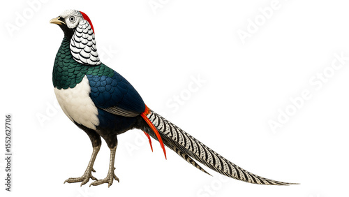 Male Lady Amherst's Pheasant bird with long patterned tail and striking contrasting plumage.
