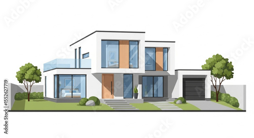 Modern two-story house illustration with a garage, trees, and a walkway.