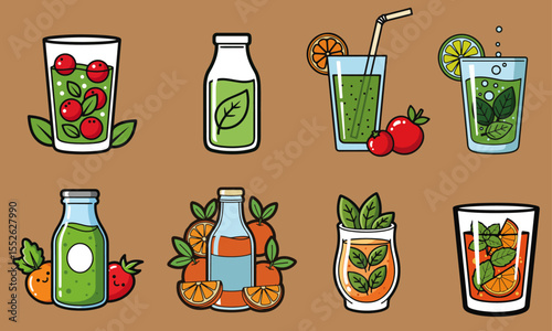 Assorted Healthy Juice and Beverage Illustrations, A collection of eight flat design illustrations featuring various healthy drinks and juices, including green smoothies with leafy garnishes, 