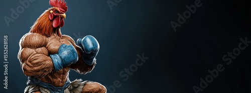 3D render of rooster with boxing gloves, standing on hind Muscle chicken gesture fist pump