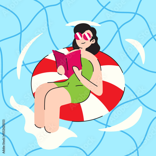A Woman Reading On A Pool Vector Flat Illustration