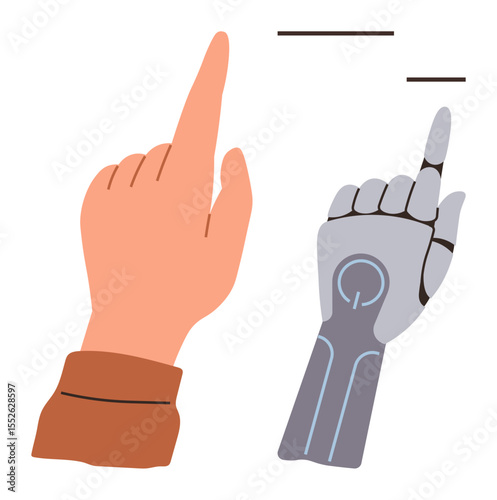Human hand and robotic hand both pointing upwards, emphasizing technology and human synergy. Ideal for innovation, artificial intelligence, future, teamwork, education, adaptability progress. Simple