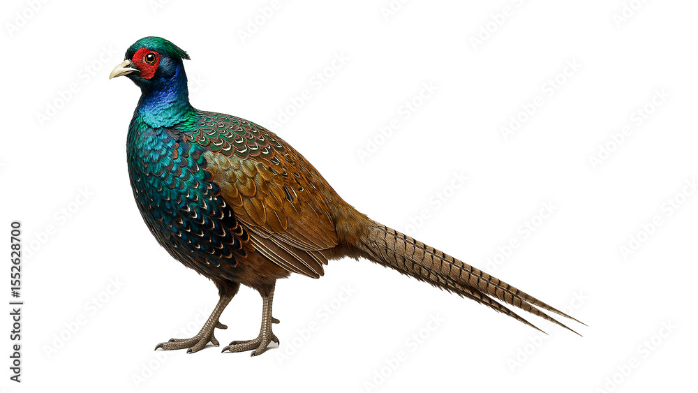 Obraz premium Long-tailed male pheasant with iridescent green and blue plumage on plain white background.