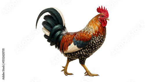 Colorful village rooster with striking plumage and curved tail standing on clean white background.