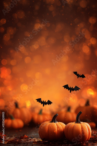 Halloween background with pumpkins and bats, spooky atmosphere, copy space concept. Halloween night banner template design with Halloween pumpkin and bat on orange bokeh lights
