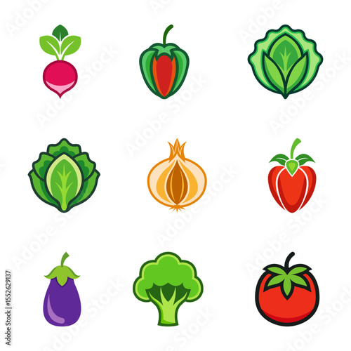 Vector set of fresh vegetables including eggplant, onion, lettuce, broccoli, radish, pepper, and tomato