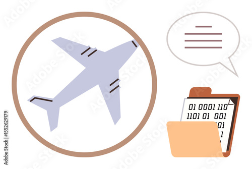Airplane inside bordered circle, speech bubble, open file folder with binary code. Ideal for aviation, communication, technology, data management, logistics cybersecurity transportation. Simple