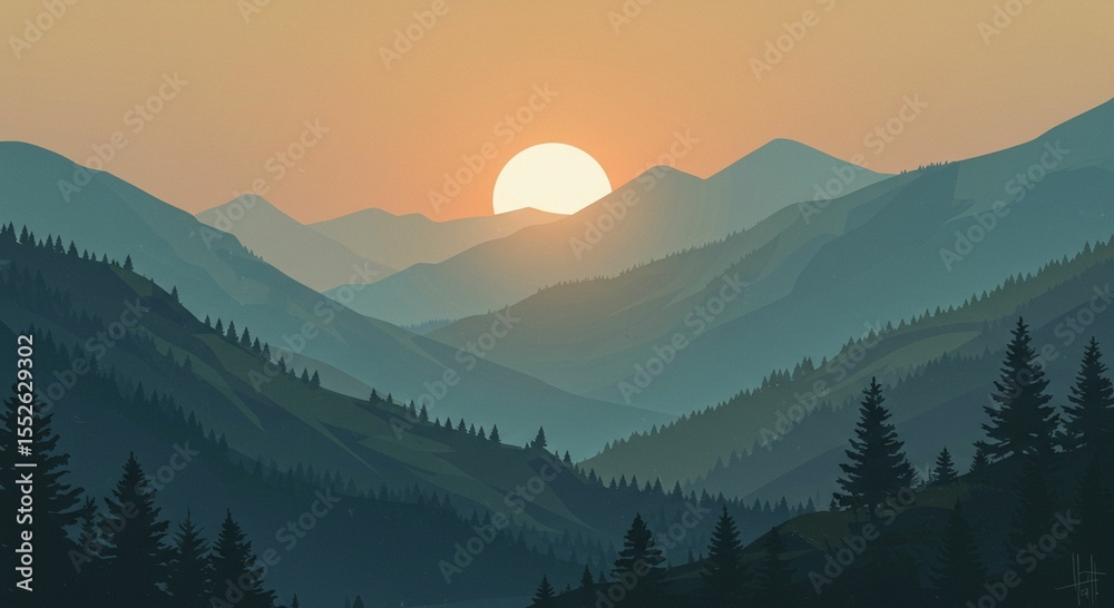 Obraz premium Mountain range sunset illustration