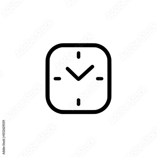 Minimalist square clock icon with short hour ticks, representing time, schedule, or punctuality.