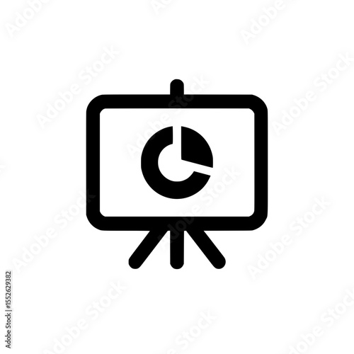 Minimalist black icon of a presentation easel showing a pie chart, suitable for business reports or data strategy content.