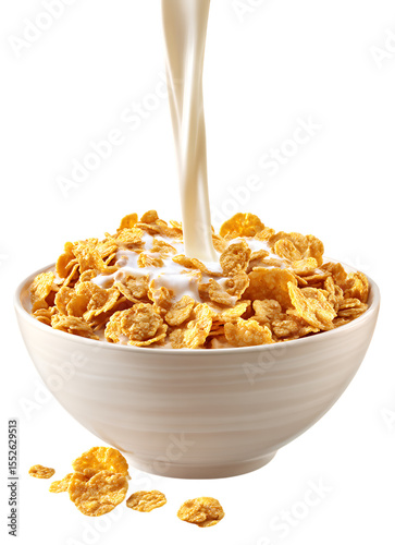 Cereal with milk being poured into it, isolated on a transparent background. Photorealistic image.