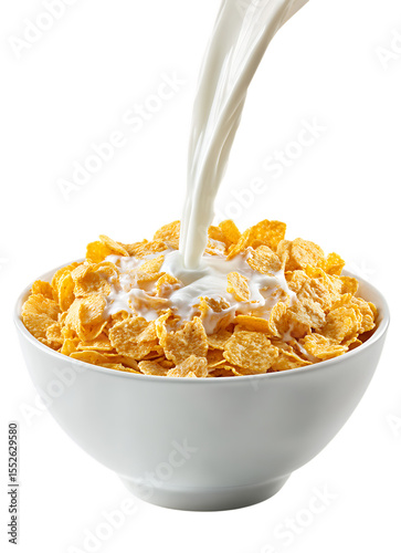 Cereal with milk being poured into it, isolated on a transparent background. Photorealistic image.